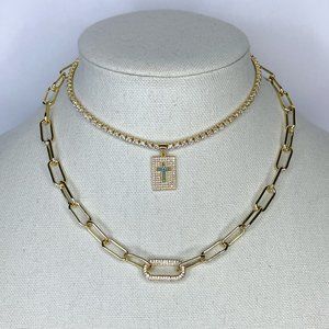 JK NY Goldtone 2Pc Cross Motif Tennis & Paperclip Necklace Set